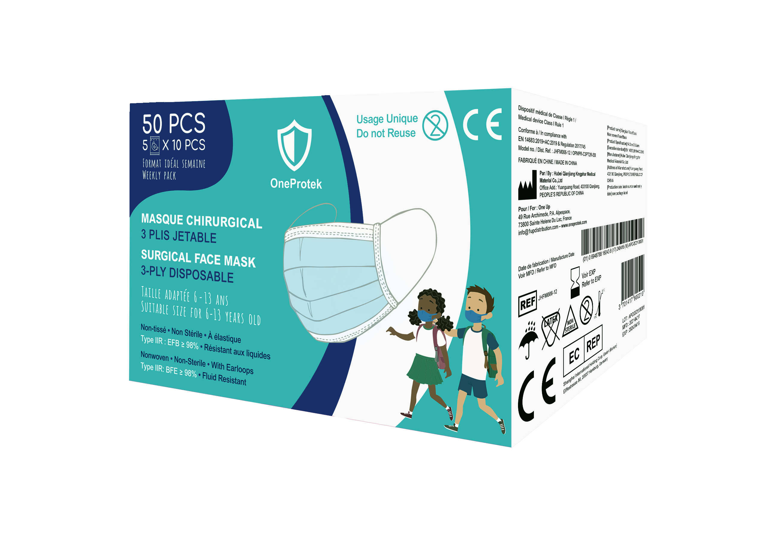 Boîte de 50 Masques Chirurgicaux Enfants - Jetables - 3 plis
